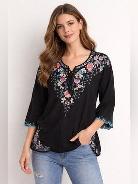 Johnny Was Black Floral Embroidered Blouse